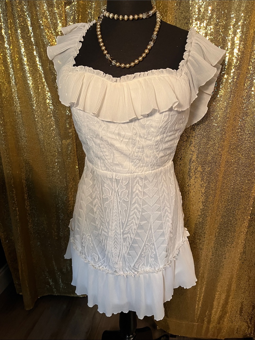 Fate White Ruffled Lace-Trim Mini Dress